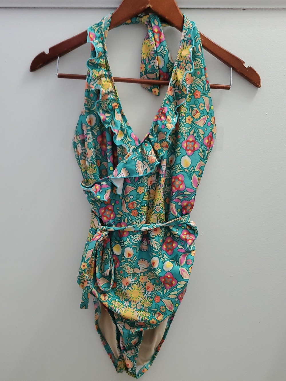 High Dive By Modcloth One Piece Ruffle Halter Bathing Suit Large Floral Print - Picture 2 of 11